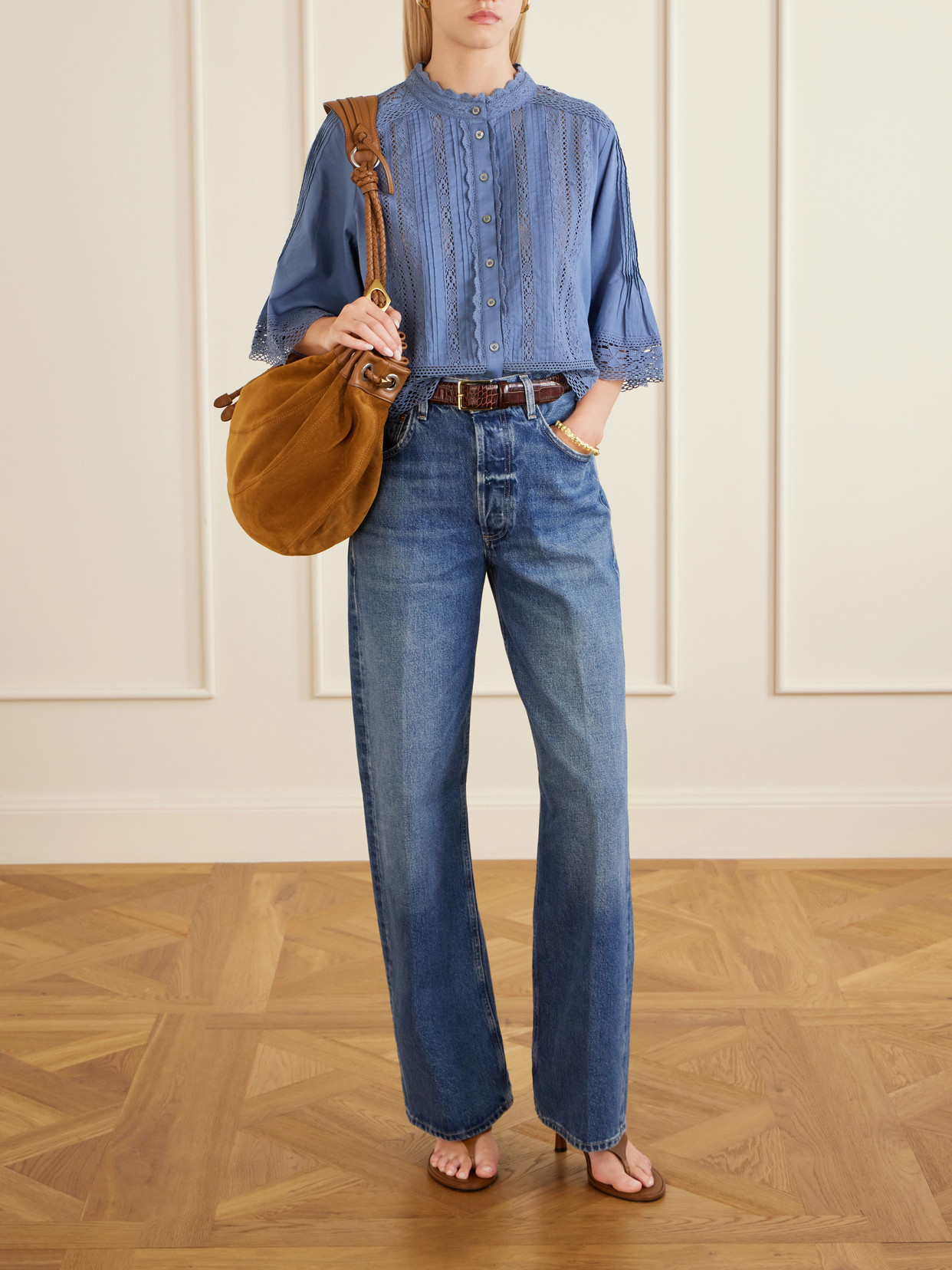 Pippa Crochet-trimmed Cotton Blouse - Blue