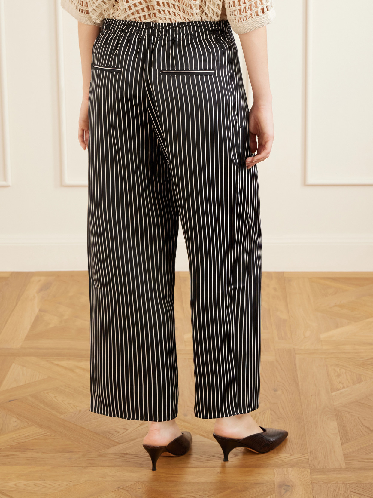 Balloon Drawstring Habotai Wide-leg Pants - Black