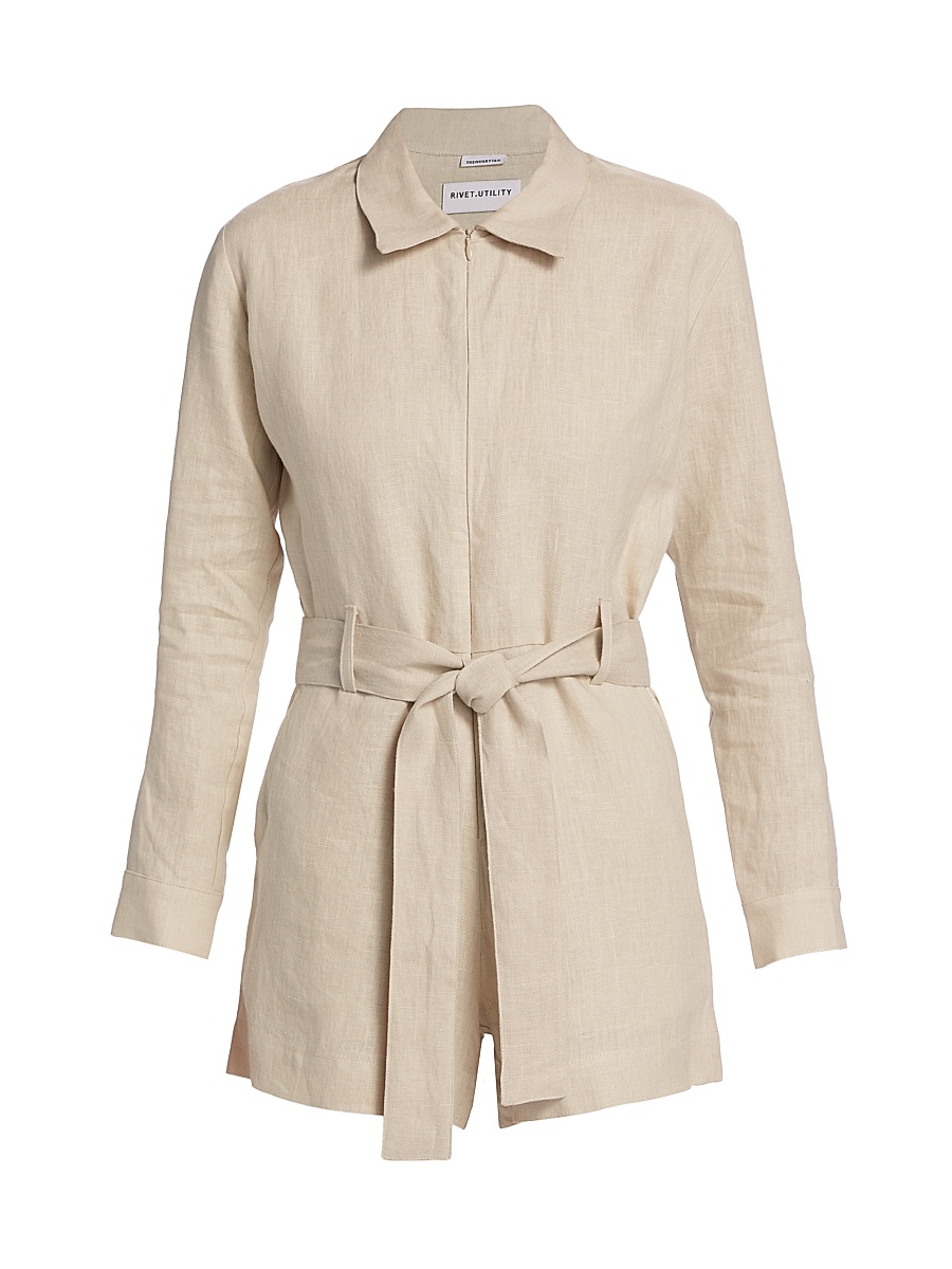 Women's Trendsetter Tie-Waist Denim Romper - Oatmeal