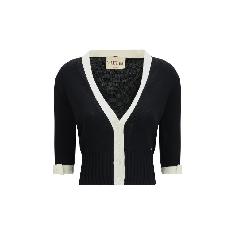 Bicolor V-Neck Cotton Cardigan — Black