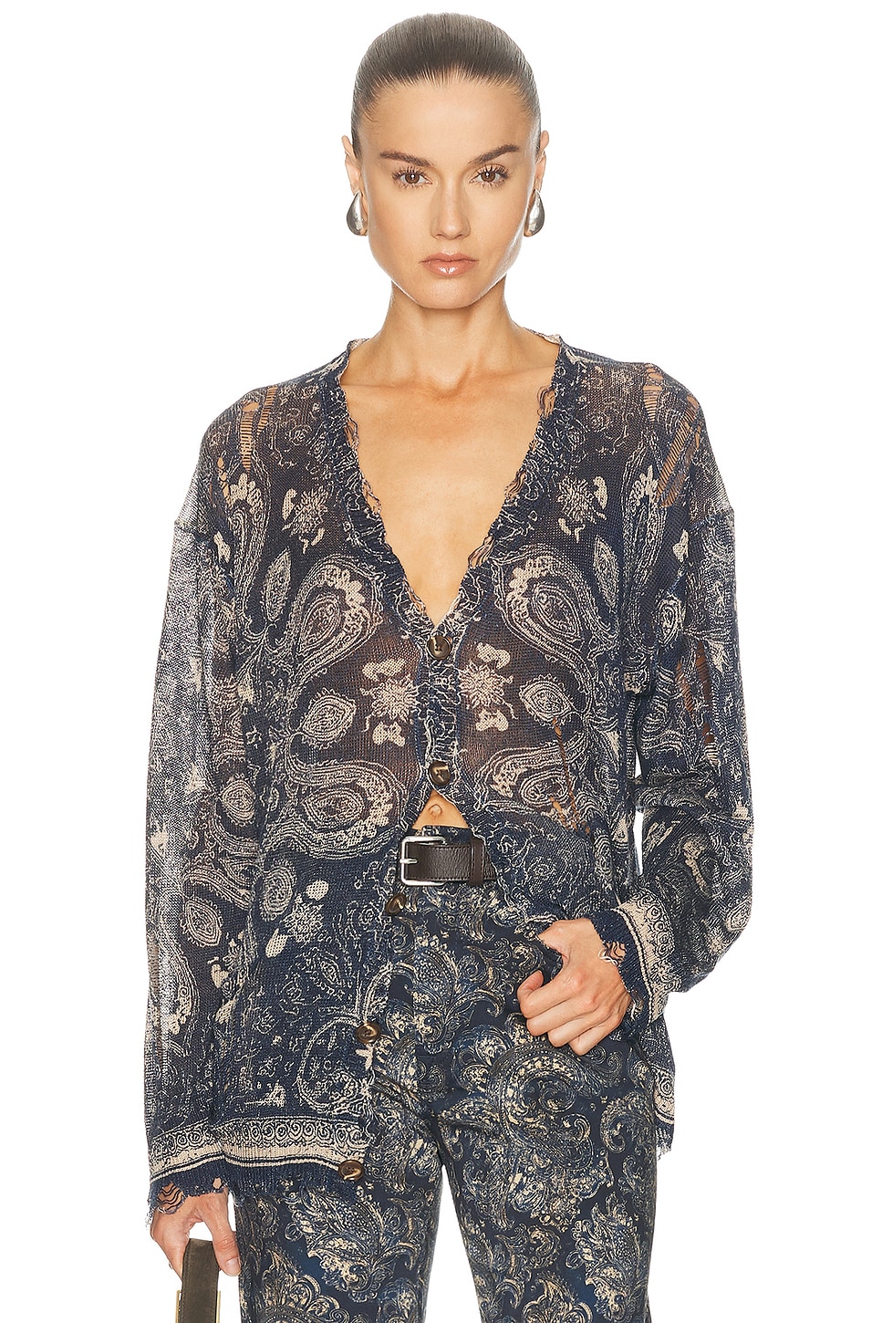 R13 Printed Boyfriend Cardigan in Navy Blue Paisley Floral - Navy. S also in
