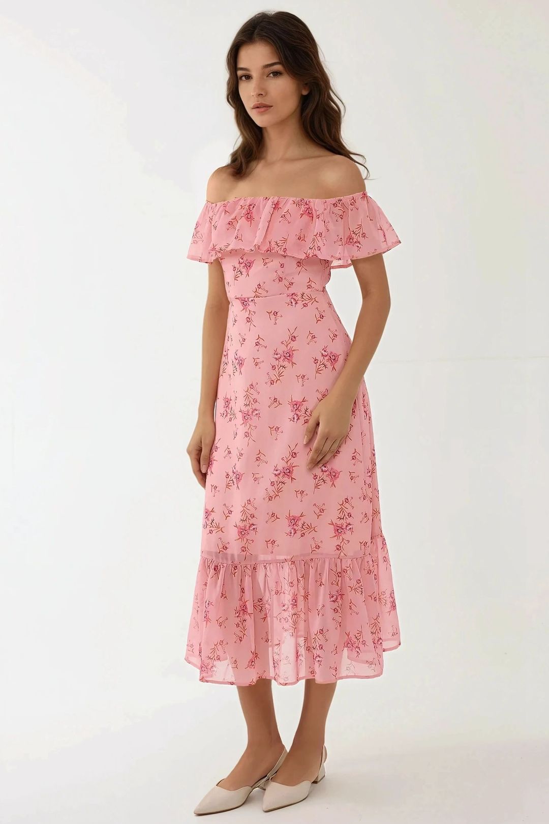 Hiccup Womens Off Shoulder Flower Pattern Bodycon Midi Dress - Pink - Large