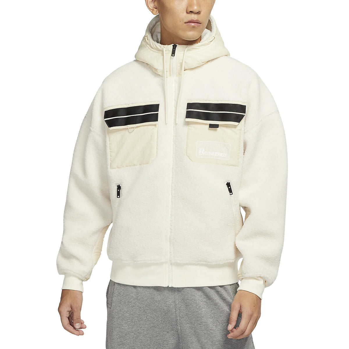 Men's Splicing Polar Fleece Hooded Jacket Light Ivory