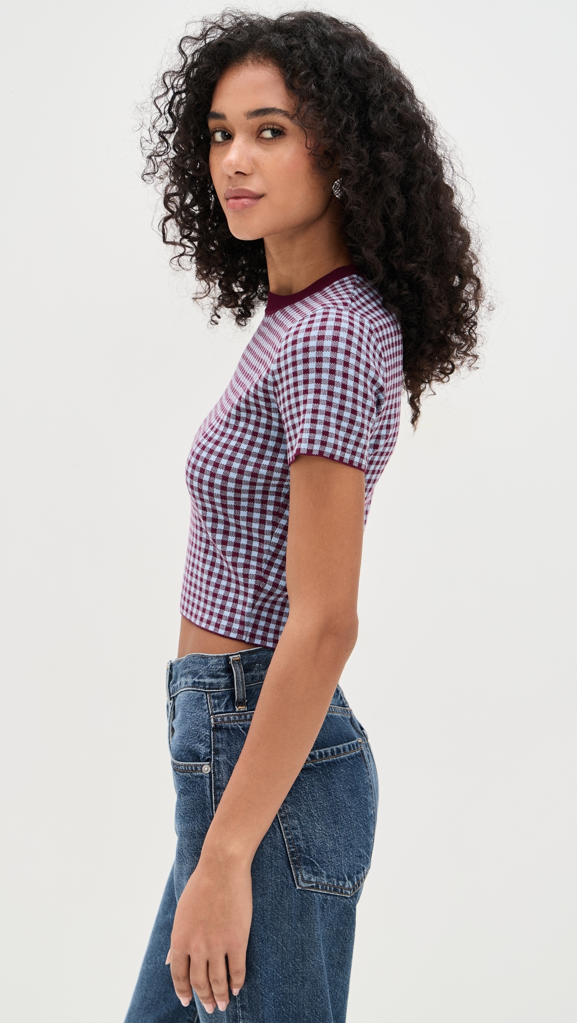 Gingham Knit Tee Burgundy/Light Blue