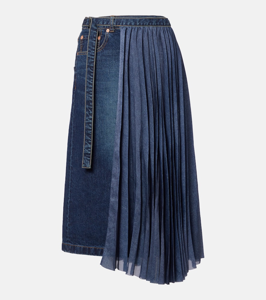 Pleated denim midi skirt
