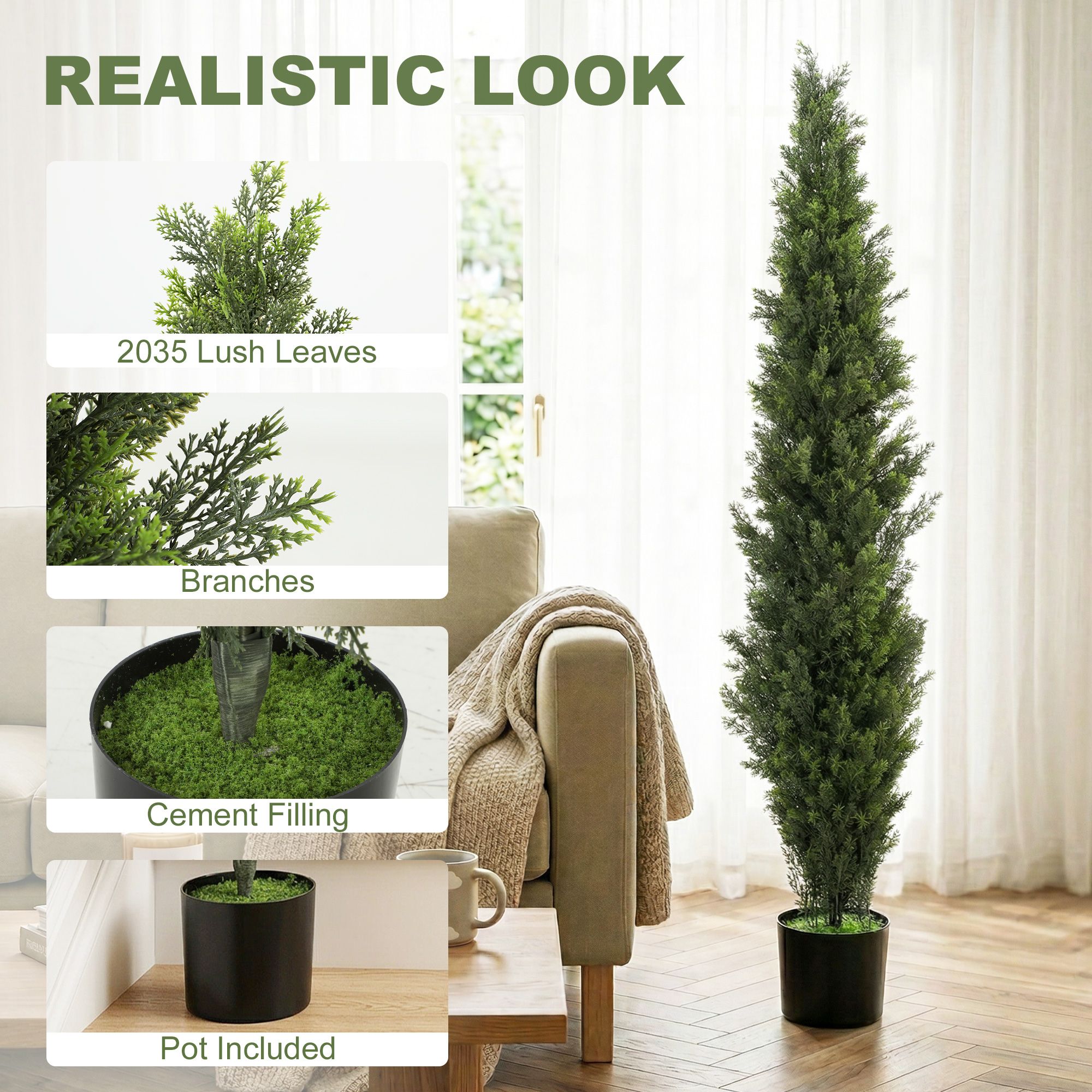 Homcom Set Decorative Artificial Plants Cypress In Weighted Pot, 150Cm In Green