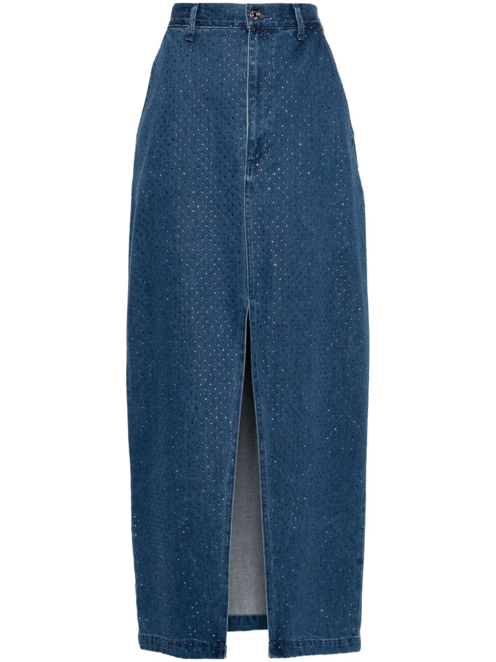 Cotton Diamante: Long denim skirt with tone-on-tone all-over rhinestones and front split