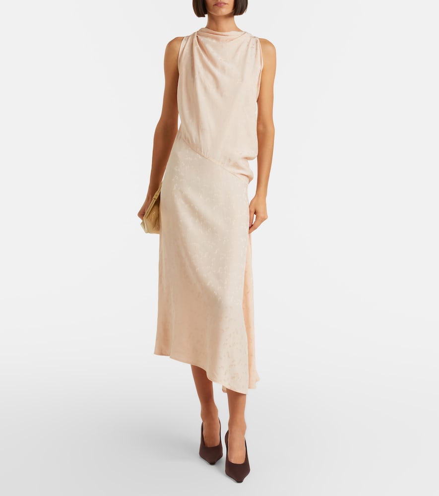 Asymmetric draped floral satin midi dress