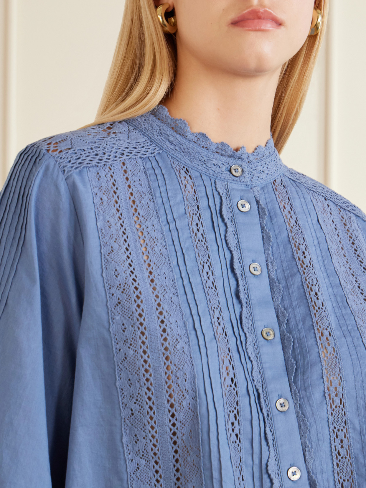 Pippa Crochet-trimmed Cotton Blouse - Blue