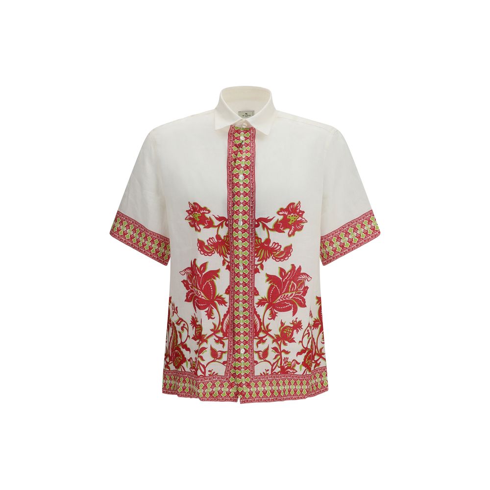 Floral-Embroidered Linen Shirt — White