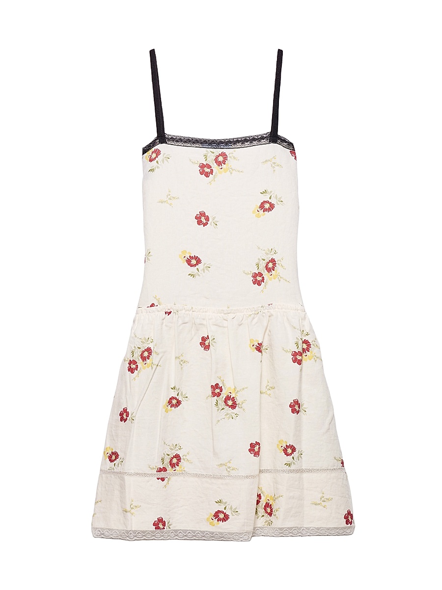Women's Embroidered Linen Mini-Dress with Floral Motif - Red