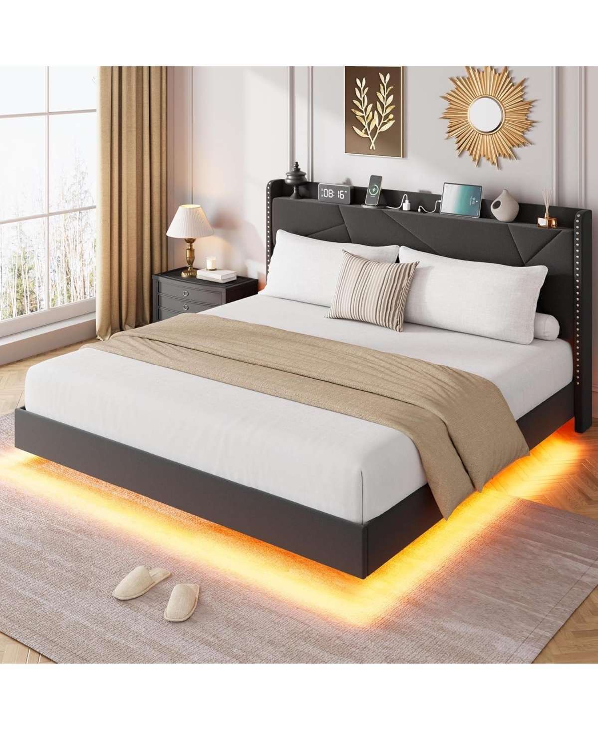 Floating Bed Frame with Led Lights & Charging Station, Upholstered Platform Beds with Storage Headboard & Folding Shelves Storage