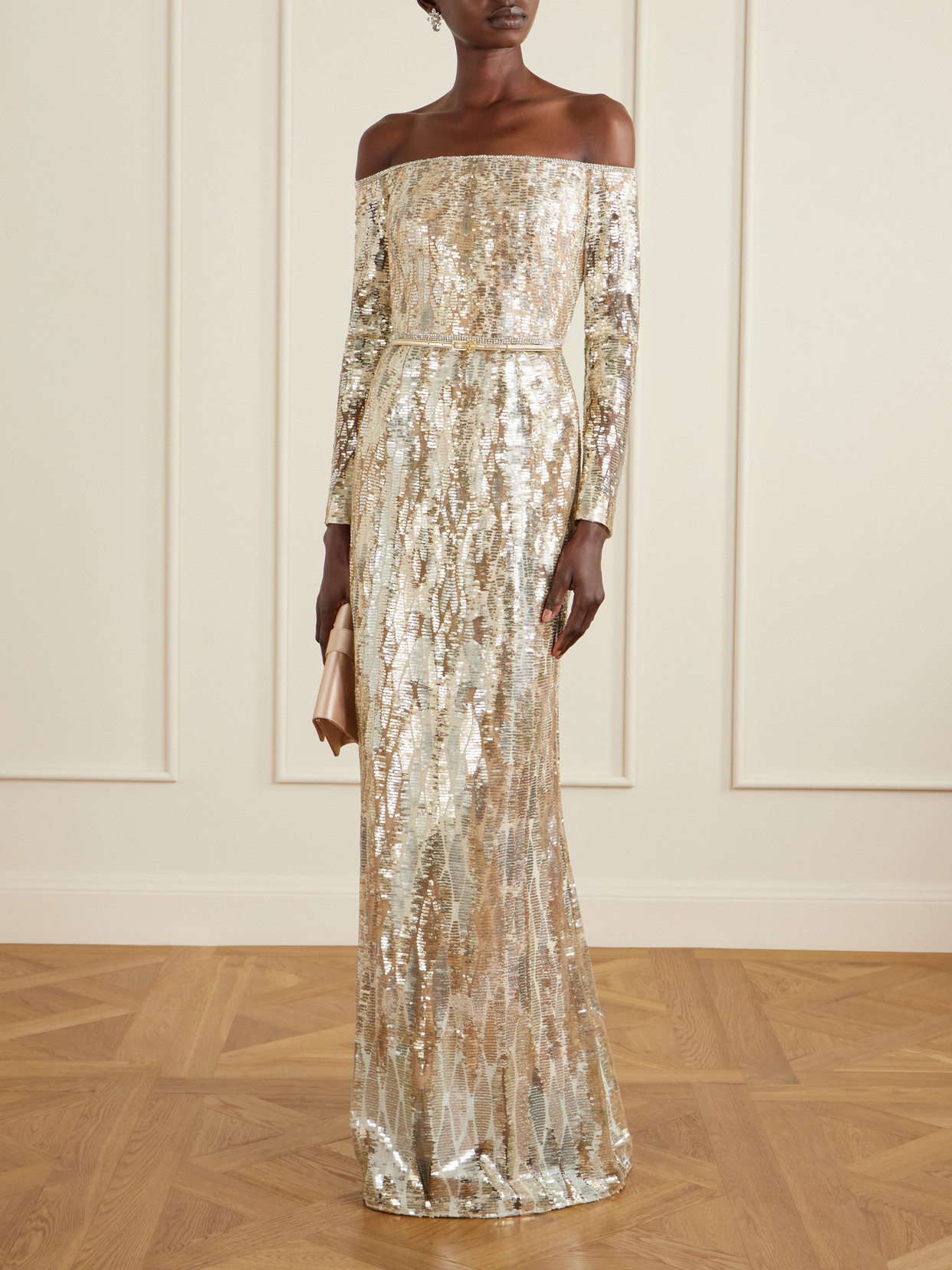 Off-the-shoulder Sequined Silk-blend Gown - Gold