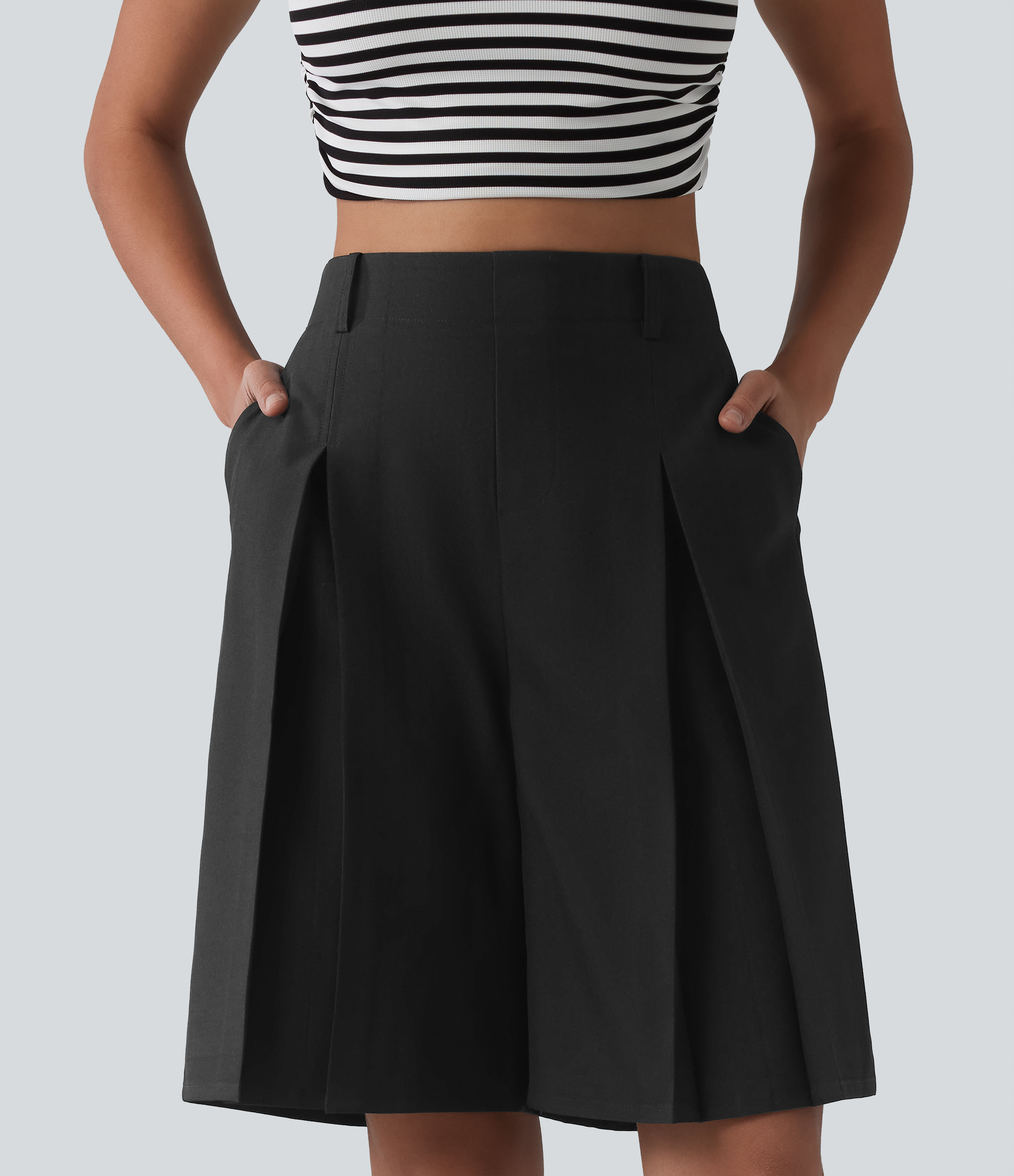 Halara Wrinkle-resistant High Waisted Invisible Zipper Pleated Linen-Feel Casual Bermuda Baggy Shorts with Pockets - Black