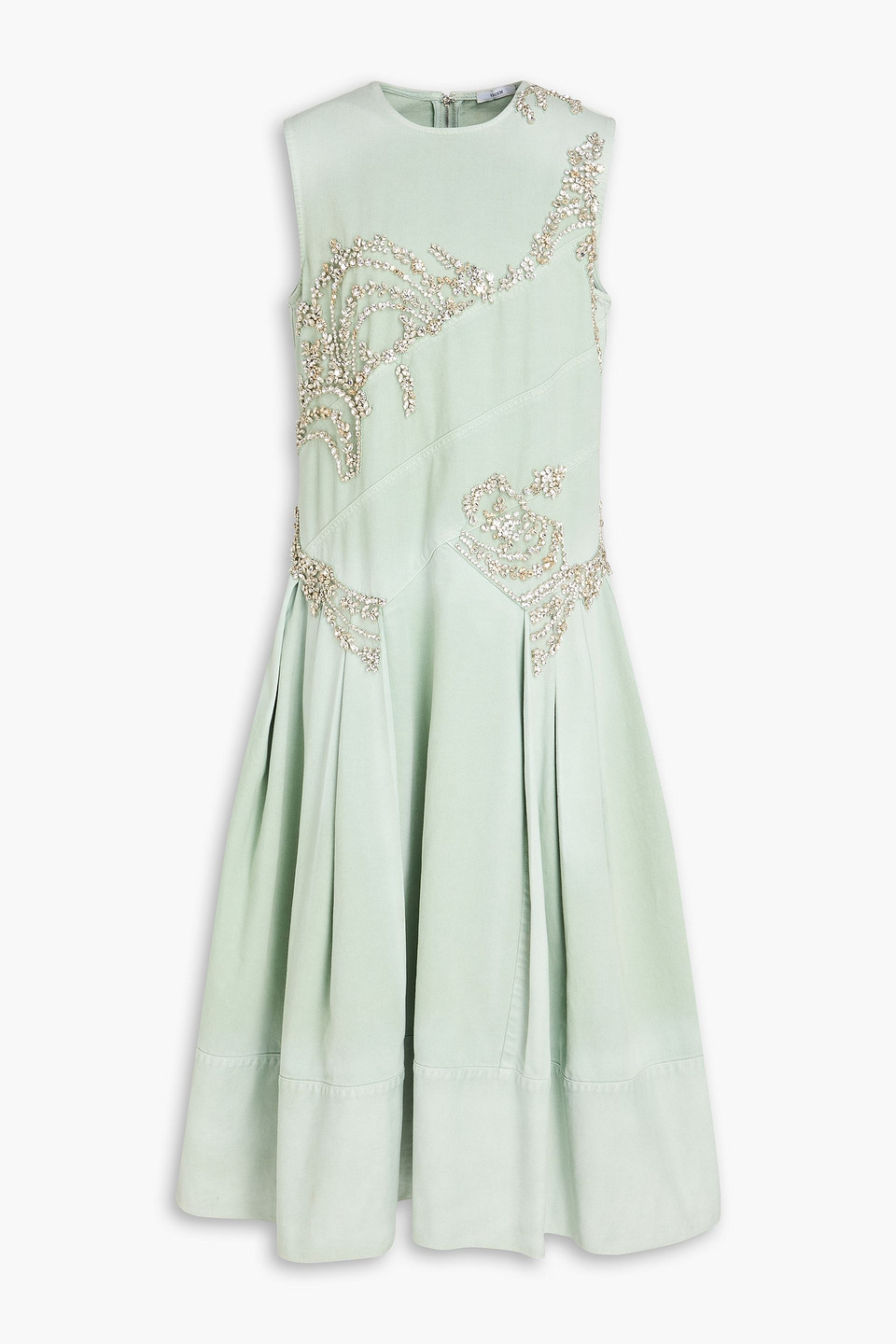 Pleated crystal-embellished denim midi dress - Green - UK 14