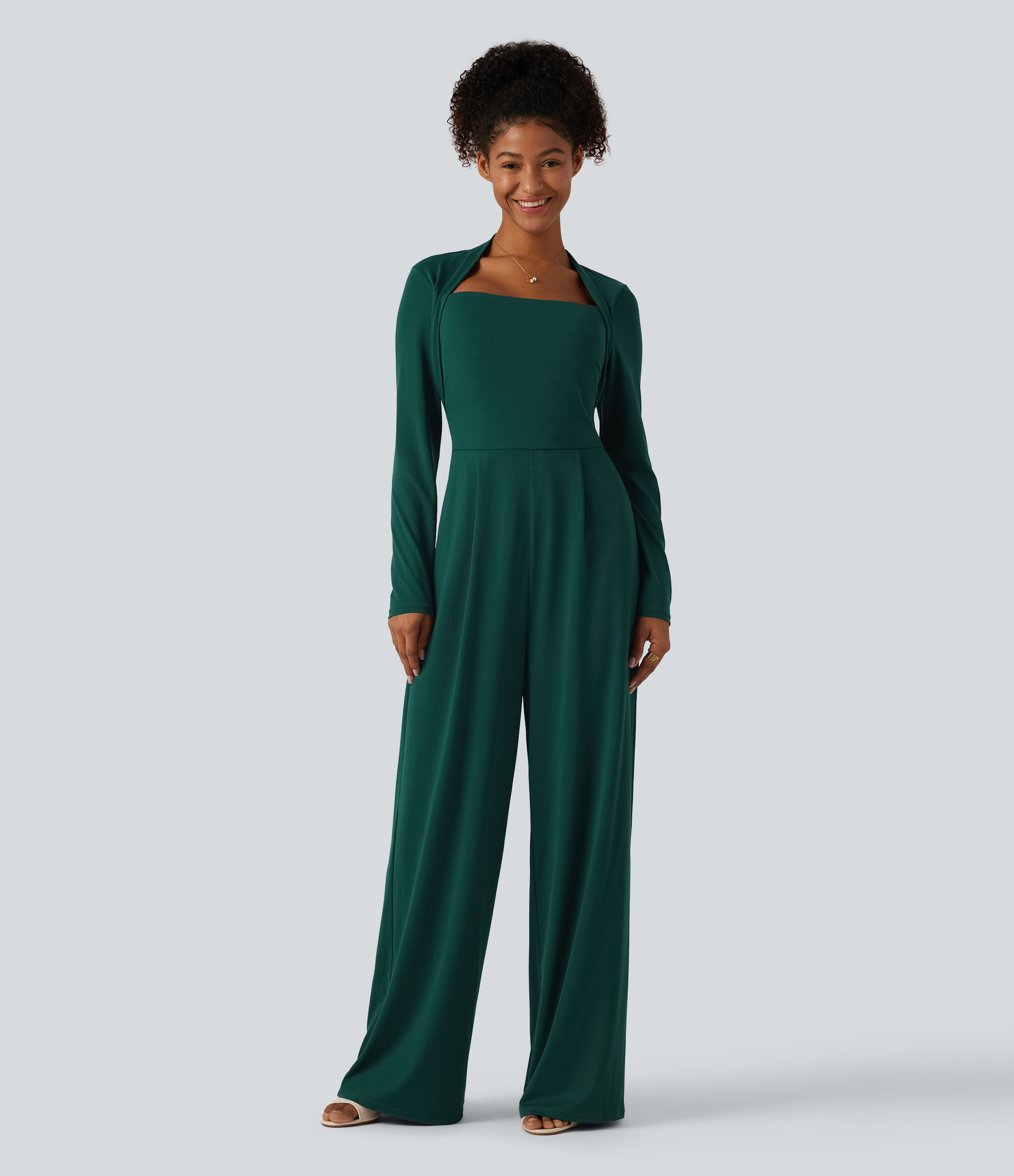Long Sleeve Built-in Bra Wide Leg Jumpsuit with Pockets-Easy Peezy Edition DD-F Cups  - Rain Forest