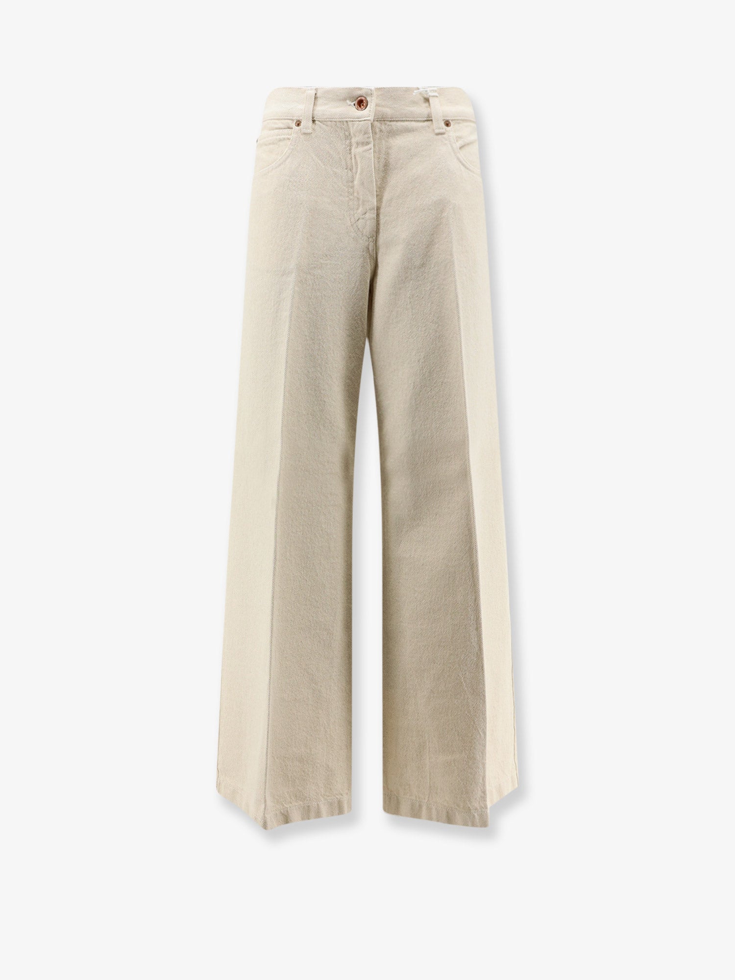 High-Waisted Pleated Denim Trousers — Beige