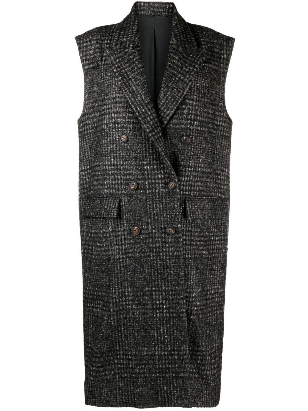 Sleeveless Coat In Prince Of Wales Cloth Of Virgin Wool, Alpaca And Mohair With Monile