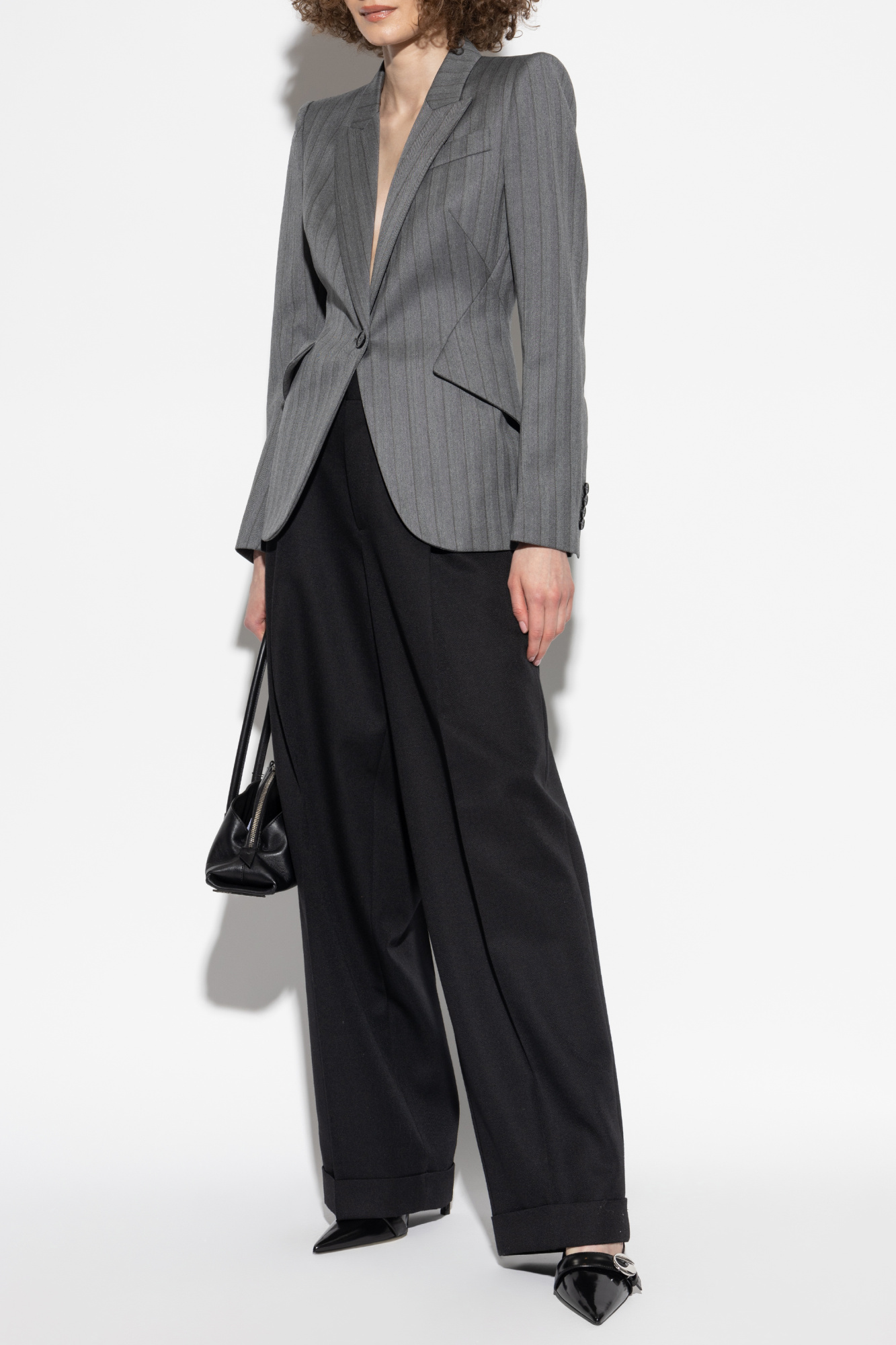 Wool Blazer With Herringbone Pattern, Women's, Grey