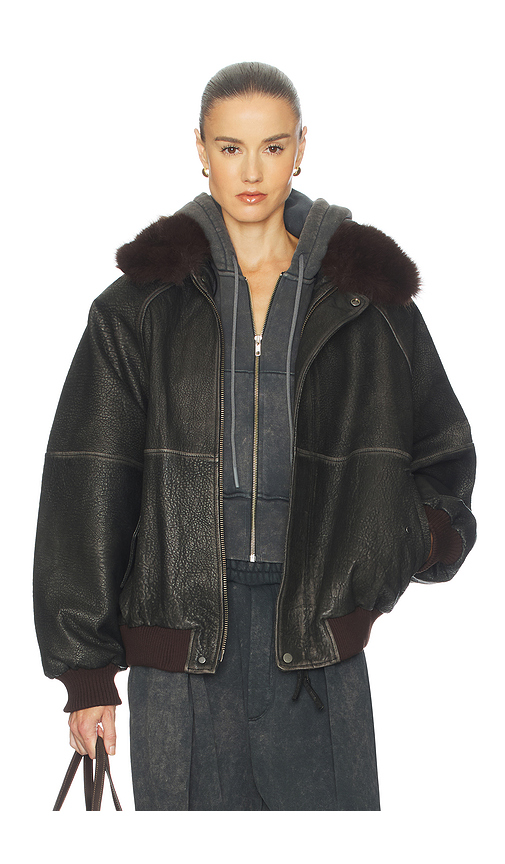 Helsa The Oversized Leather Bomber With Faux Fur Collar in Black. L. Also in XS