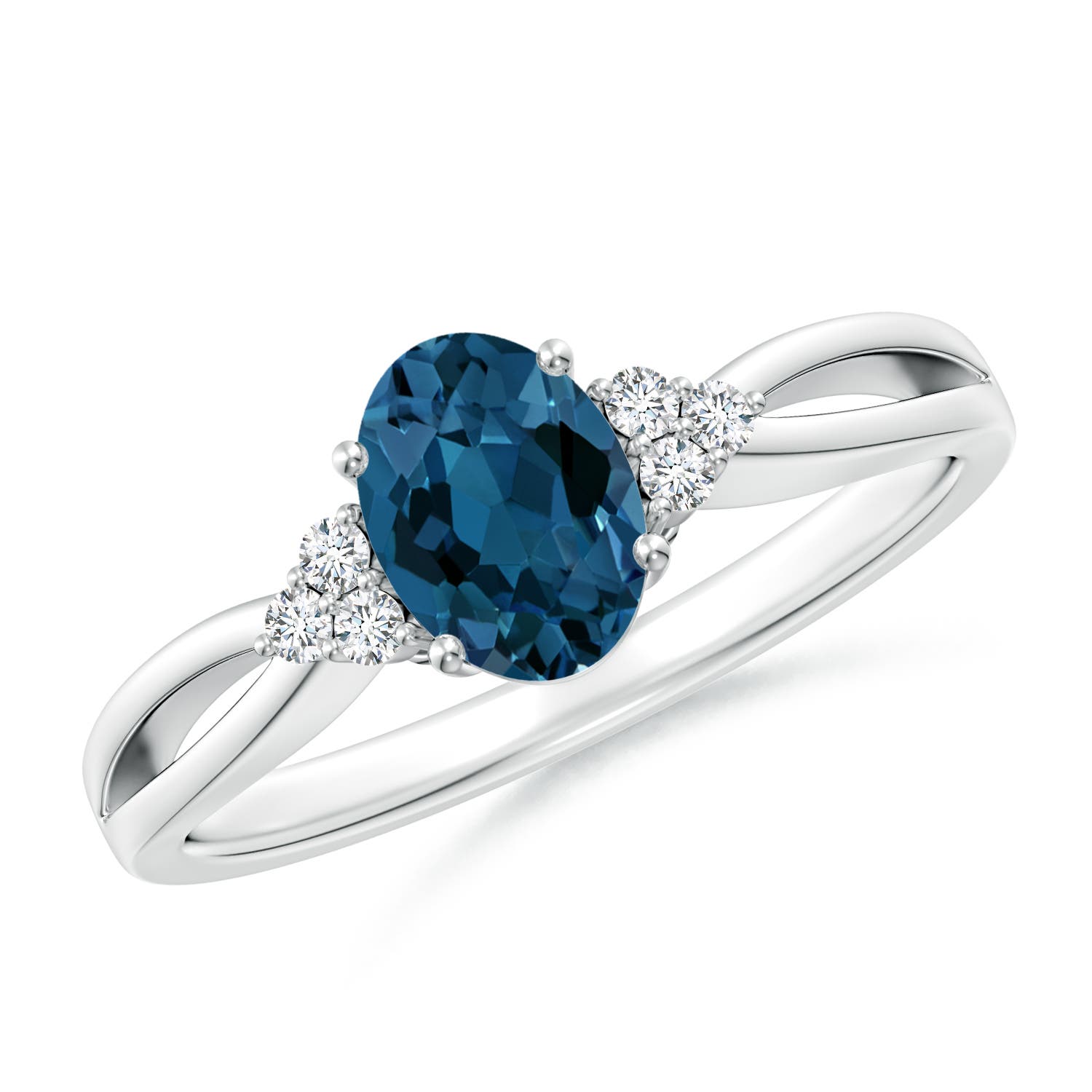 Angara 0.95 Carat Oval London Blue Topaz Split Shank Ring with Trio Diamonds in Platinum