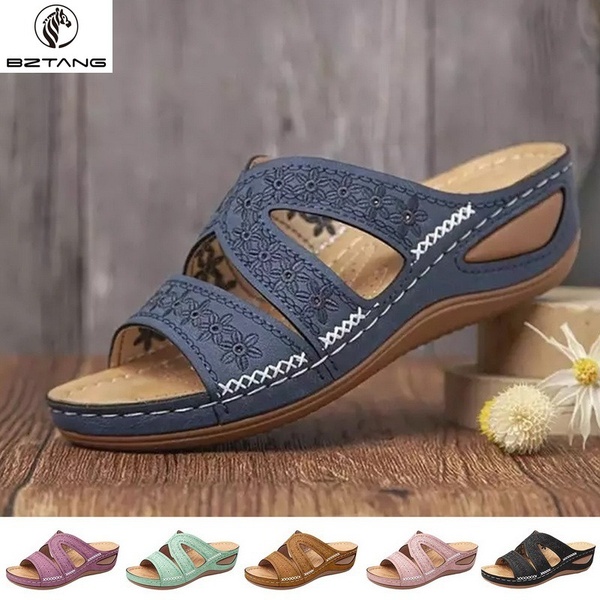 2021 Summer Women Wedge Sandals Premium Orthopedic Open Toe Sandals Vintage Anti-slip Leather Casual Female Platform Retro Shoes