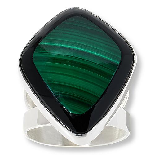 Sterling Silver Black Chalcedony and Malachite Inlay Ring - Silver