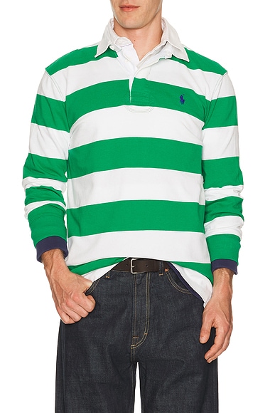 Polo Ralph Lauren Long Sleeve Iconic Stripe Rugby Polo in Green,White. - M also in L, XL/1X, XXL/2X