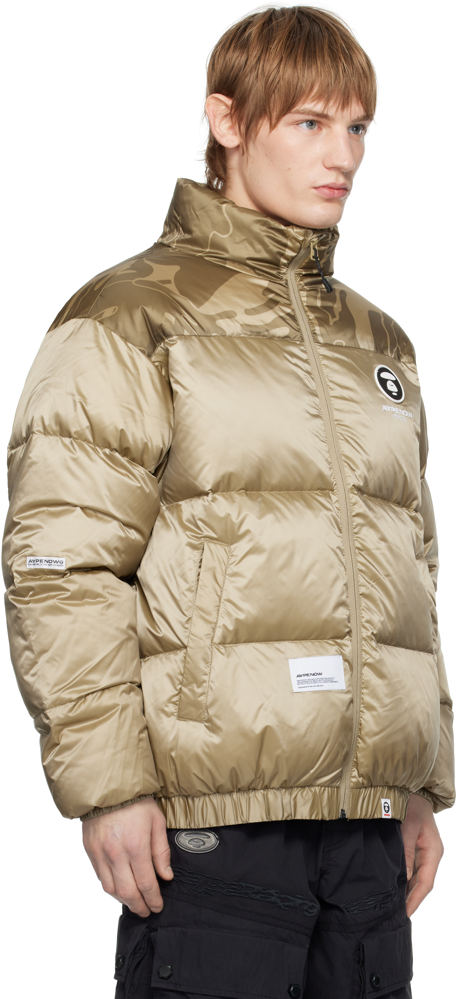 AAPE by A Bathing Ape Beige 'AAPE NOW' Moonface Logo Zip-Up Down Jacket