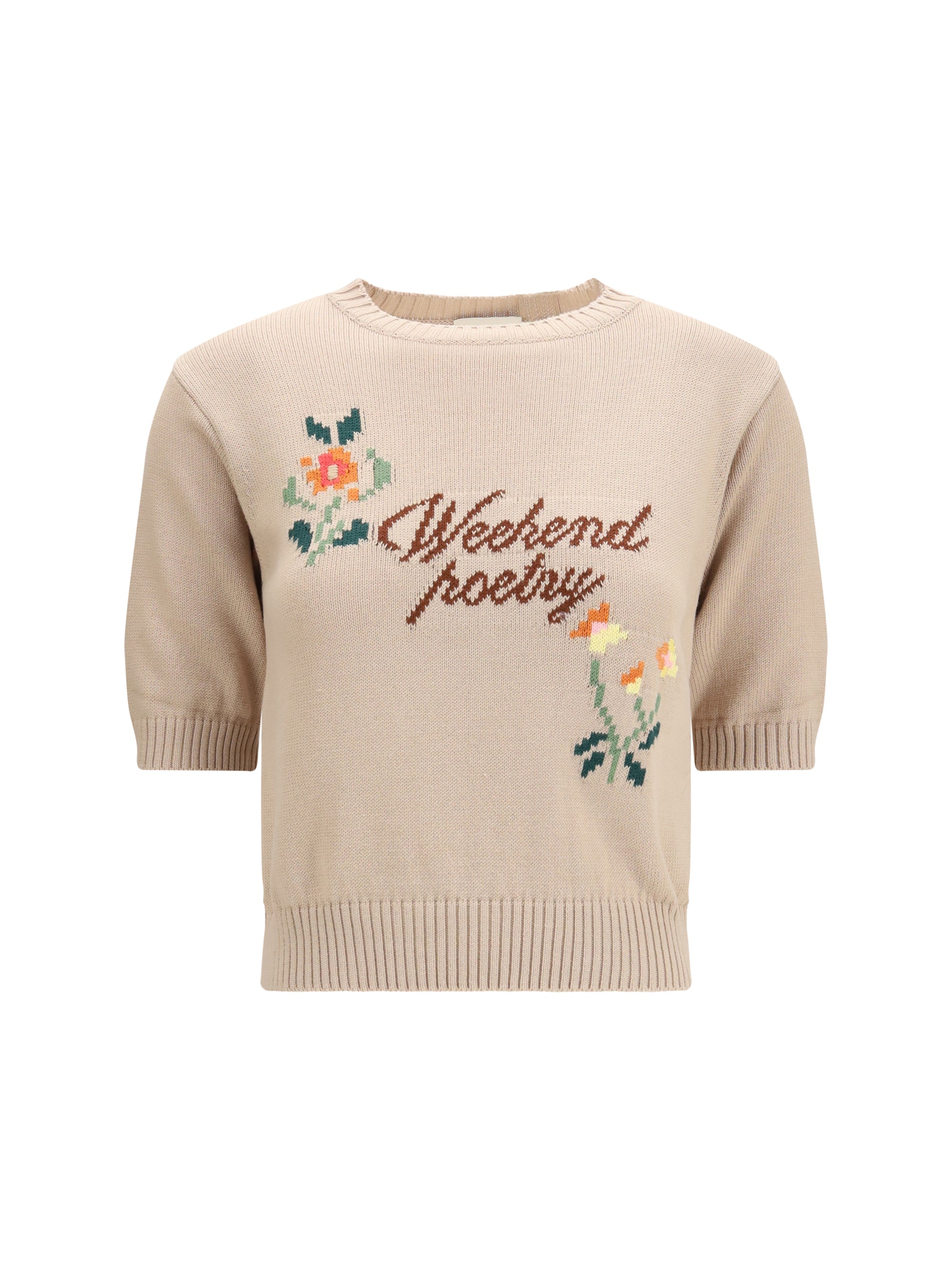 Embroidered Floral Cotton Knit Sweater — Beige