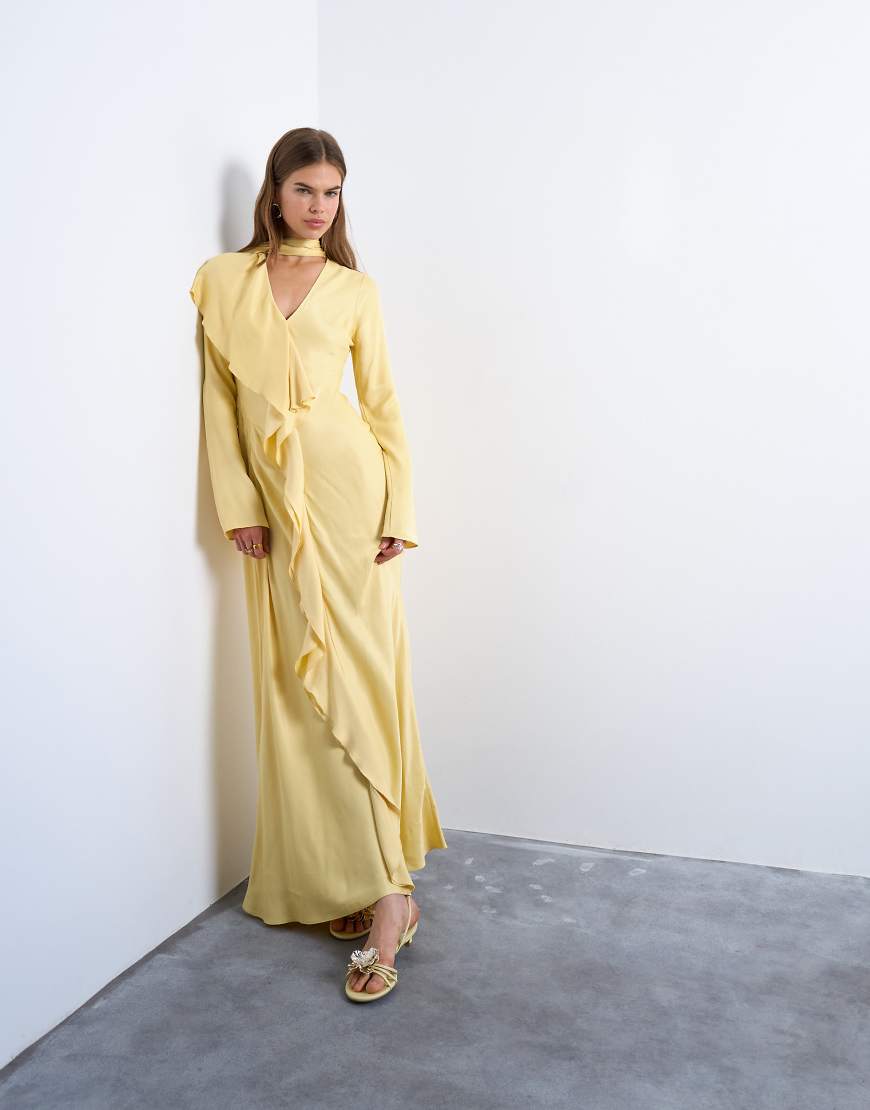 Long sleeve ruffle maxi dress with scarf wrap detail in buttermilk-Yellow