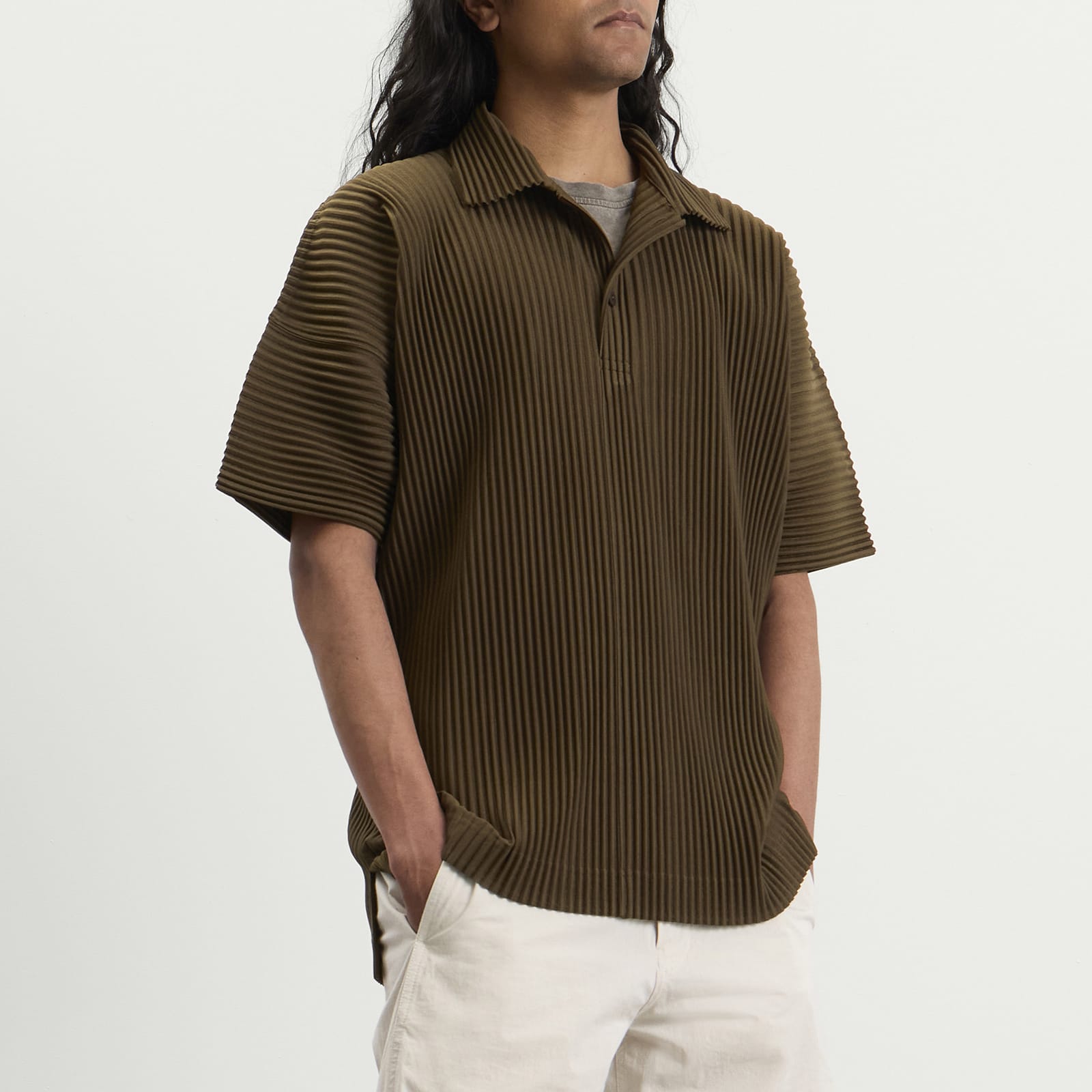 Men's Pleat Short Sleeve Shirt Genova Metal Ocher