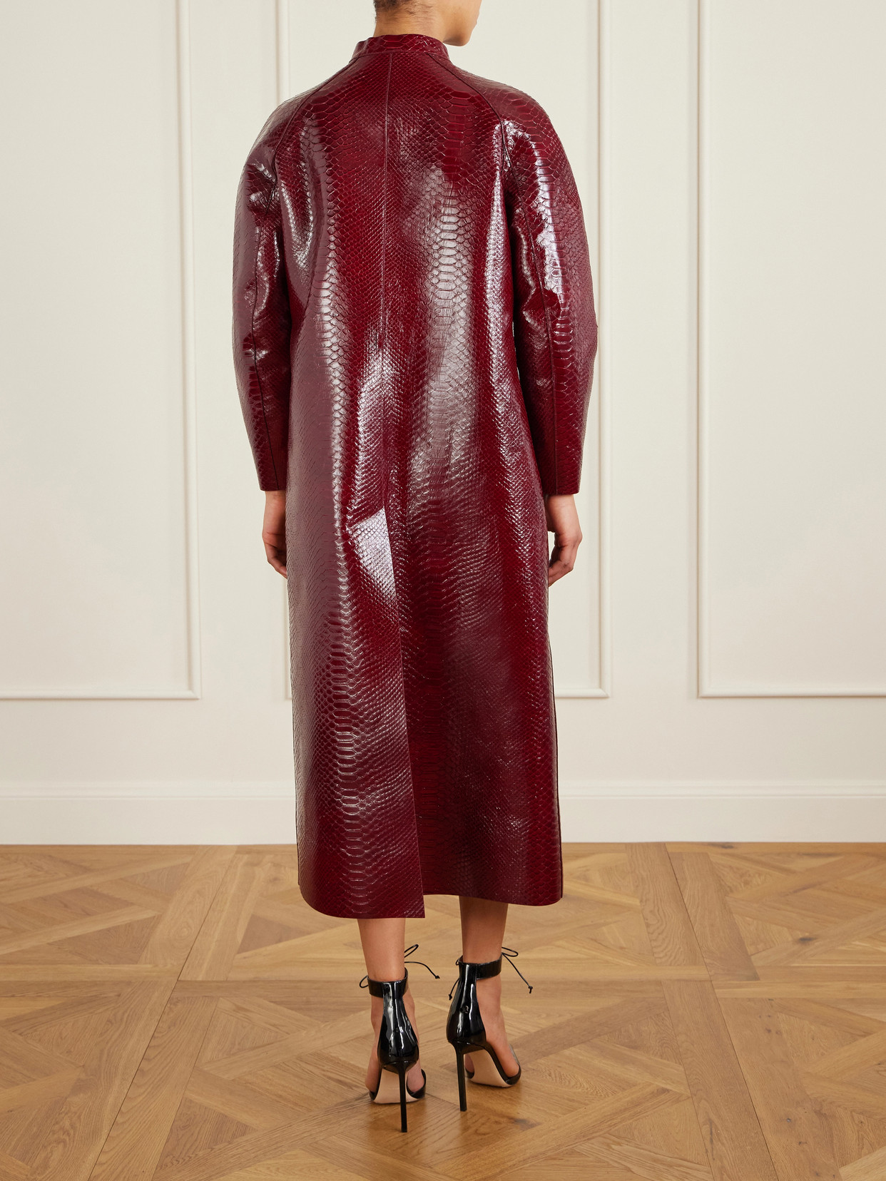 Snake-effect Leather Coat - Burgundy