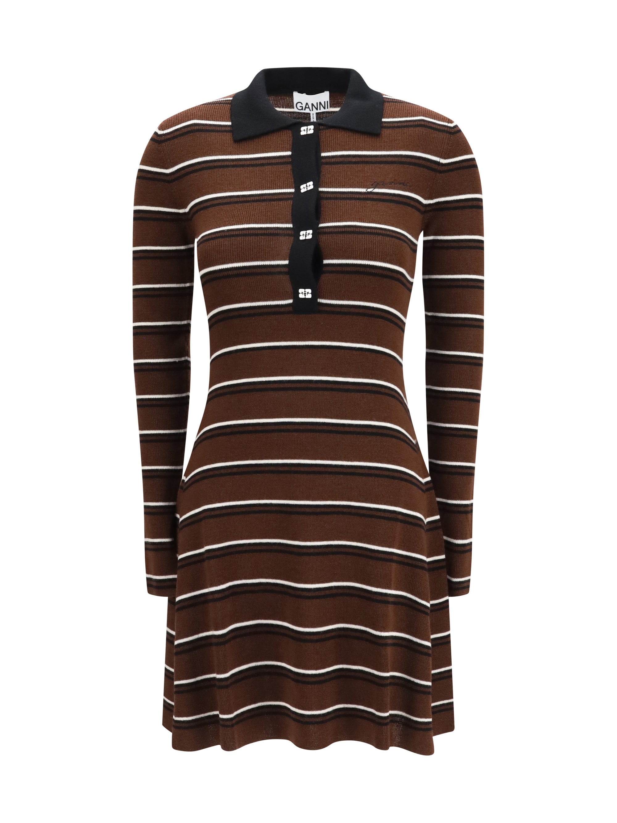 Striped Wool Polo Dress — Brown