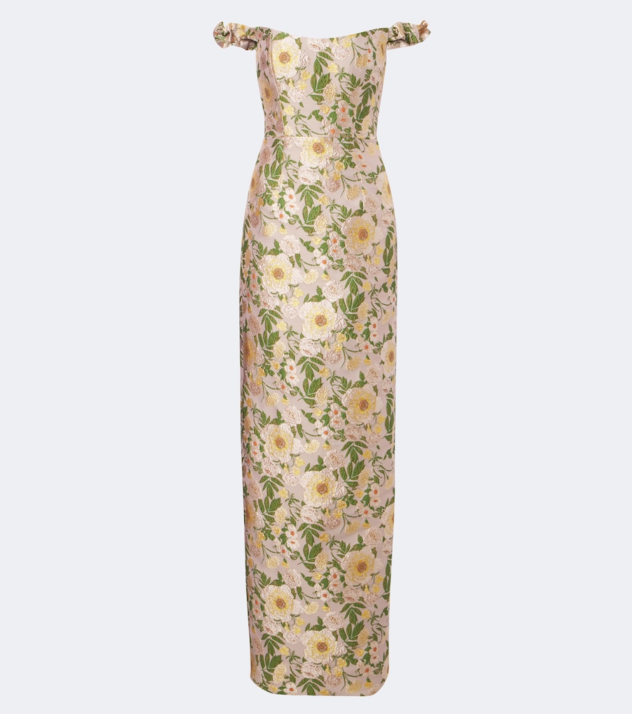 Off-shoulder floral brocade gown