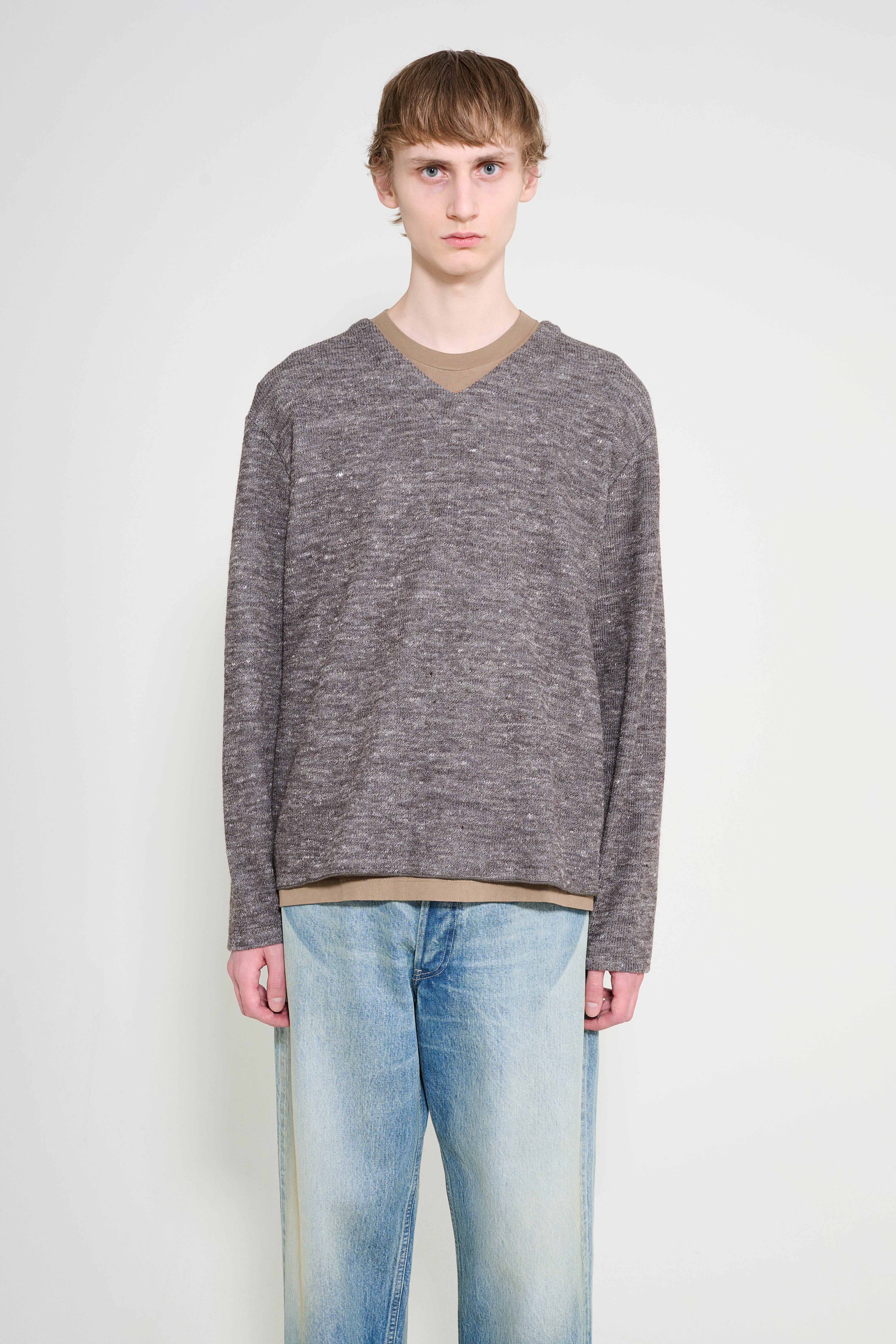 Lady White Co. Linen Wool V Neck Brown Melange