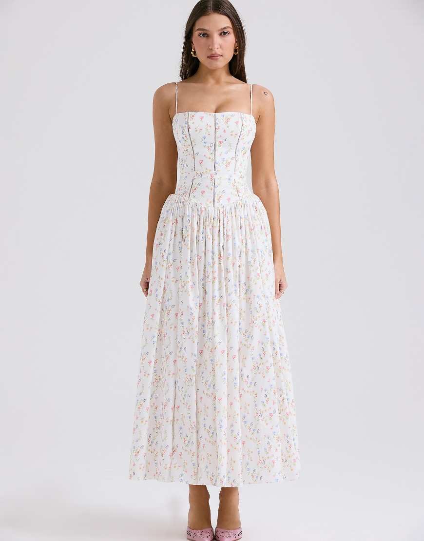 Ysabella cotton maxi sundress in white posy print