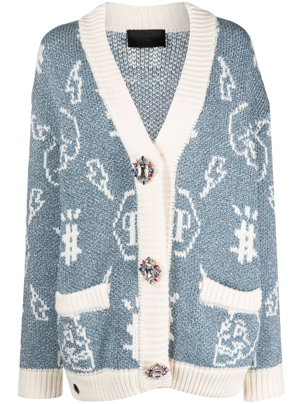 Intarsia-knit logo cardigan - Blue