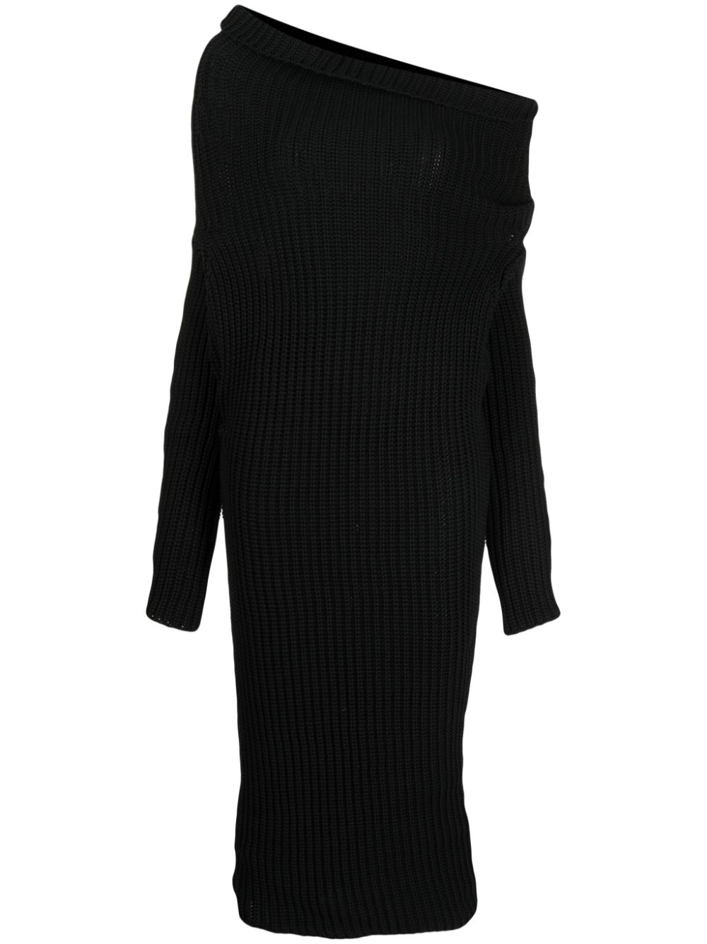 Asymmetric wool-blend midi dress - Black