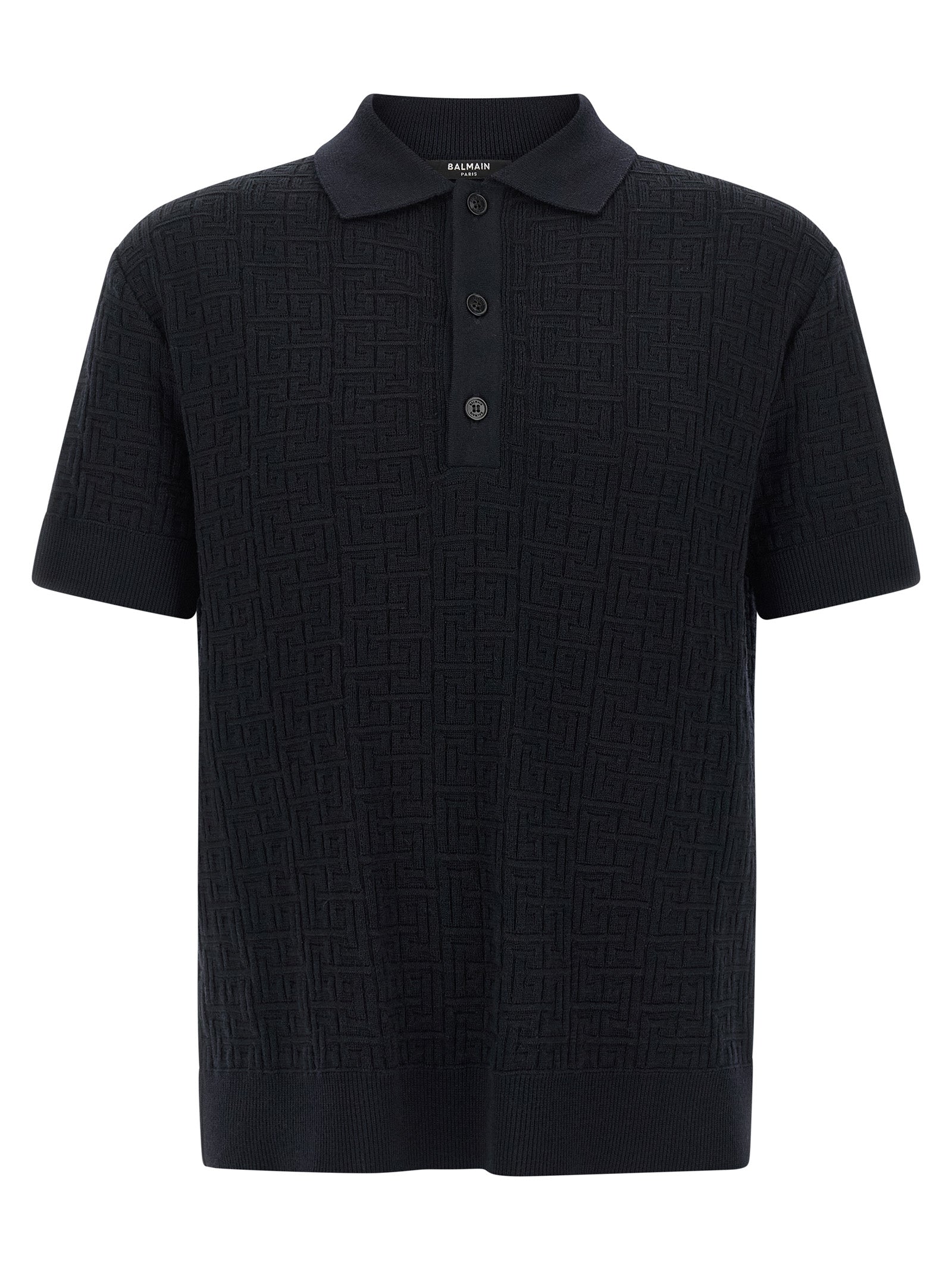 Monogram Wool-Blend Knit Polo Shirt — Black
