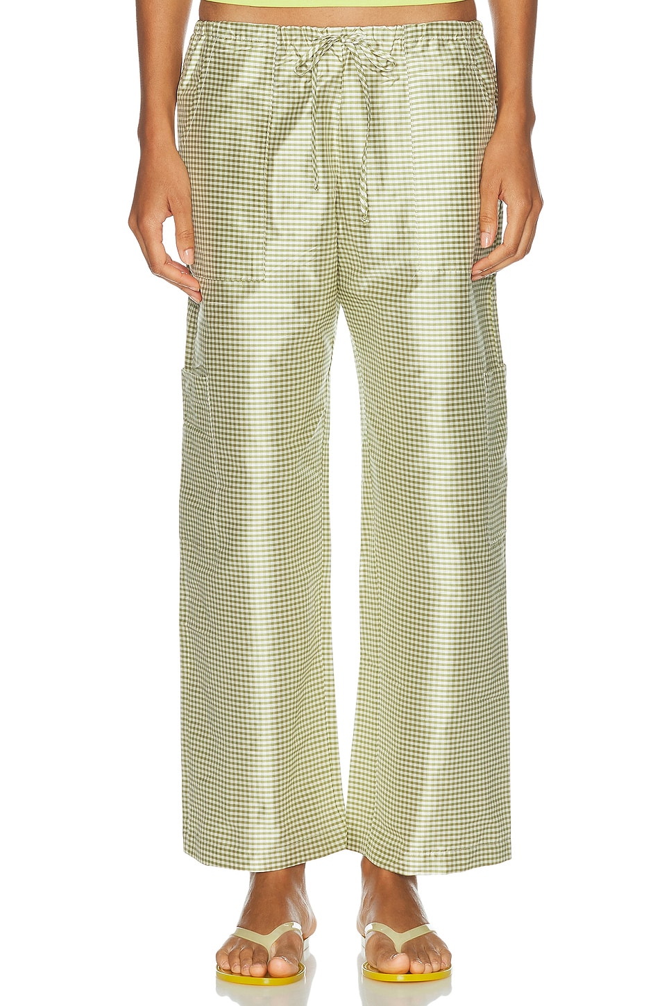 DONNI. The Taffeta Gingham Drawstring Cargo Pant in Green