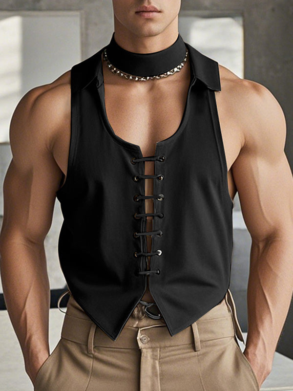Mens Drawstring Crisscross Design Casual Tank SKUK94626 - Black / S