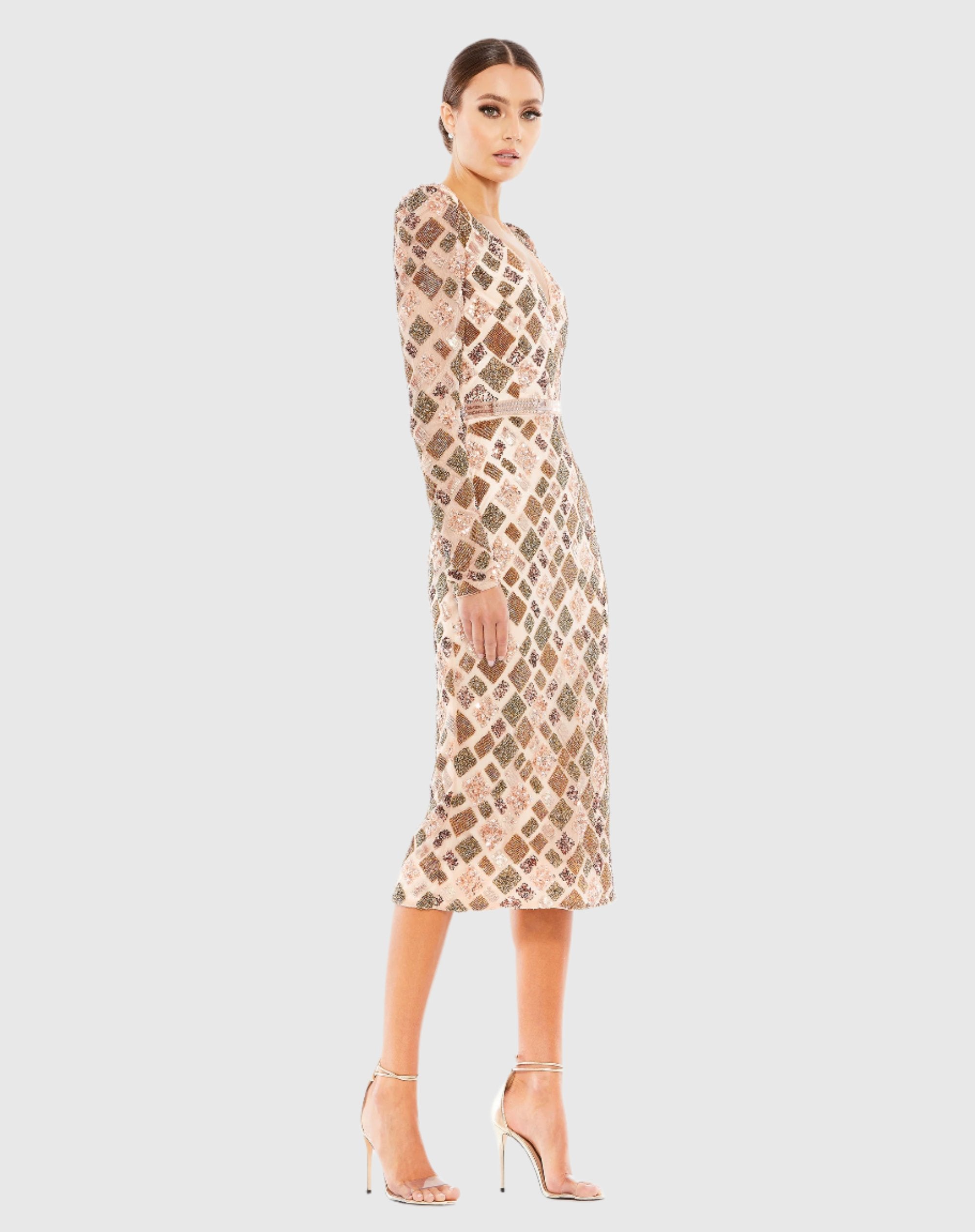 Geo Embellished Midi Sheath Wedding Guest Dress In Chocolate