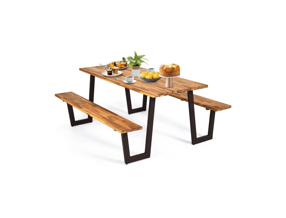 Modern Wooden Picnic Table with 2 Benches for Stylish Outdoor Dining and Relaxing - Natural