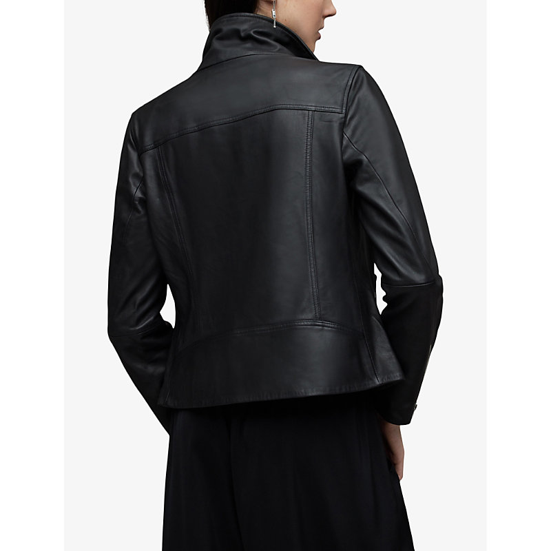 Womens Black Ellis Funnel-neck Leather Biker Jacket