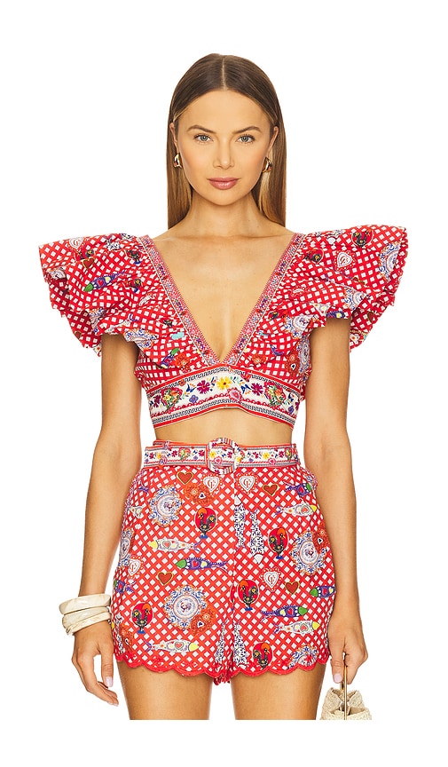 Camilla Ruffle Wrap Top in Pink. L. Also in