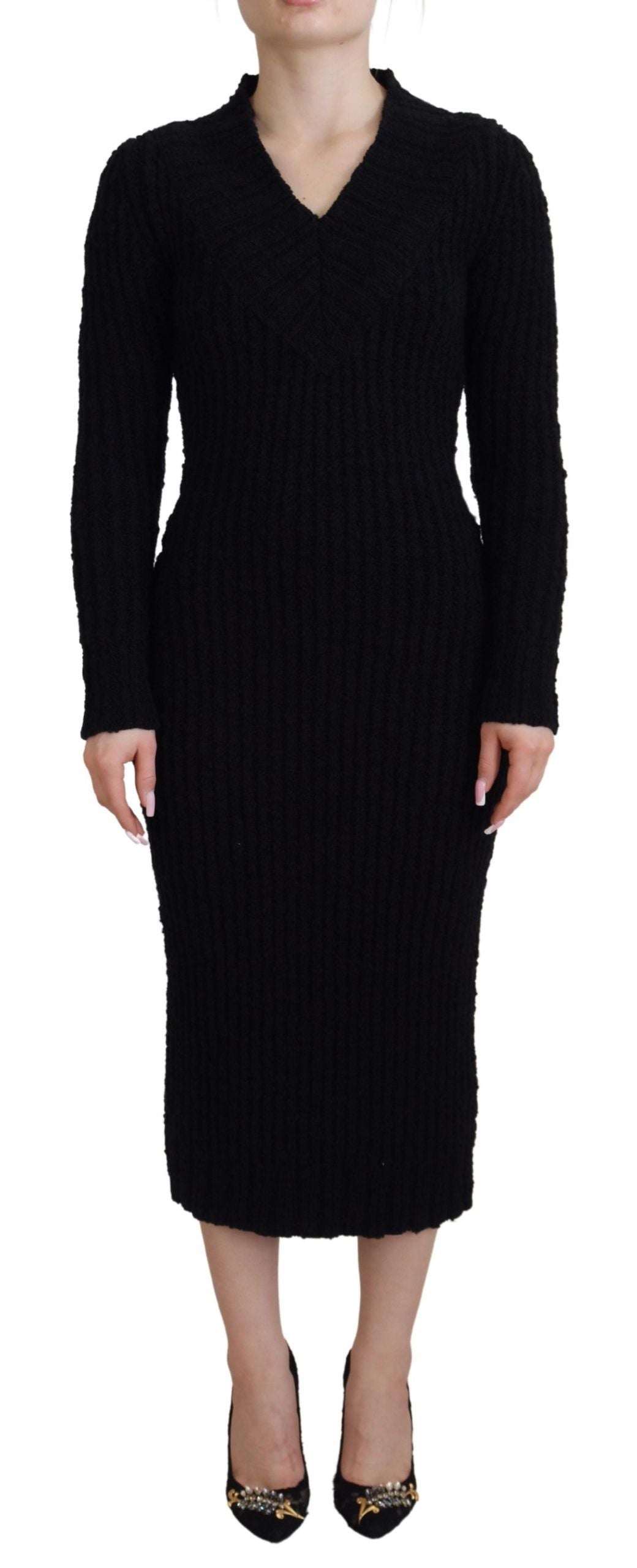 Ribbed Wool Knit Dress — Black