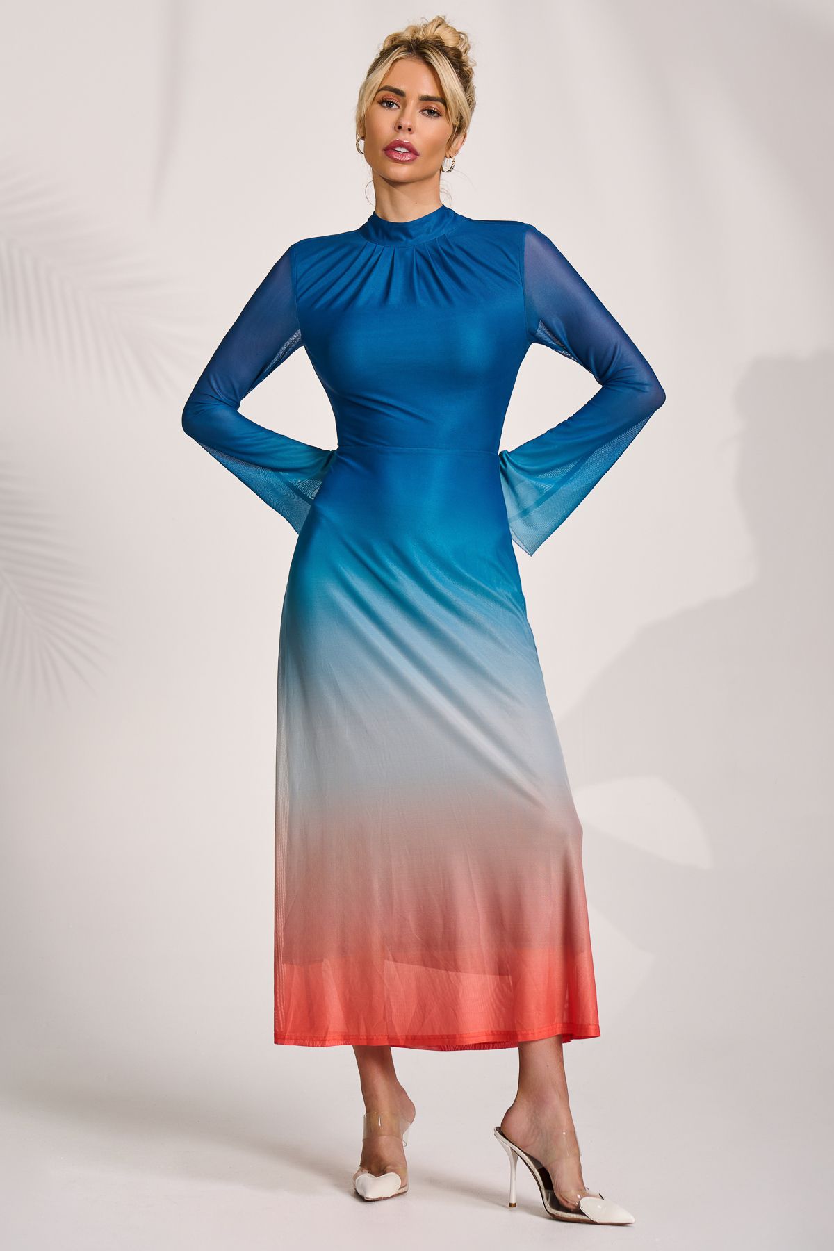 Jolie Moi Women's Long Sleeve High Neck Mesh Dress in Blue