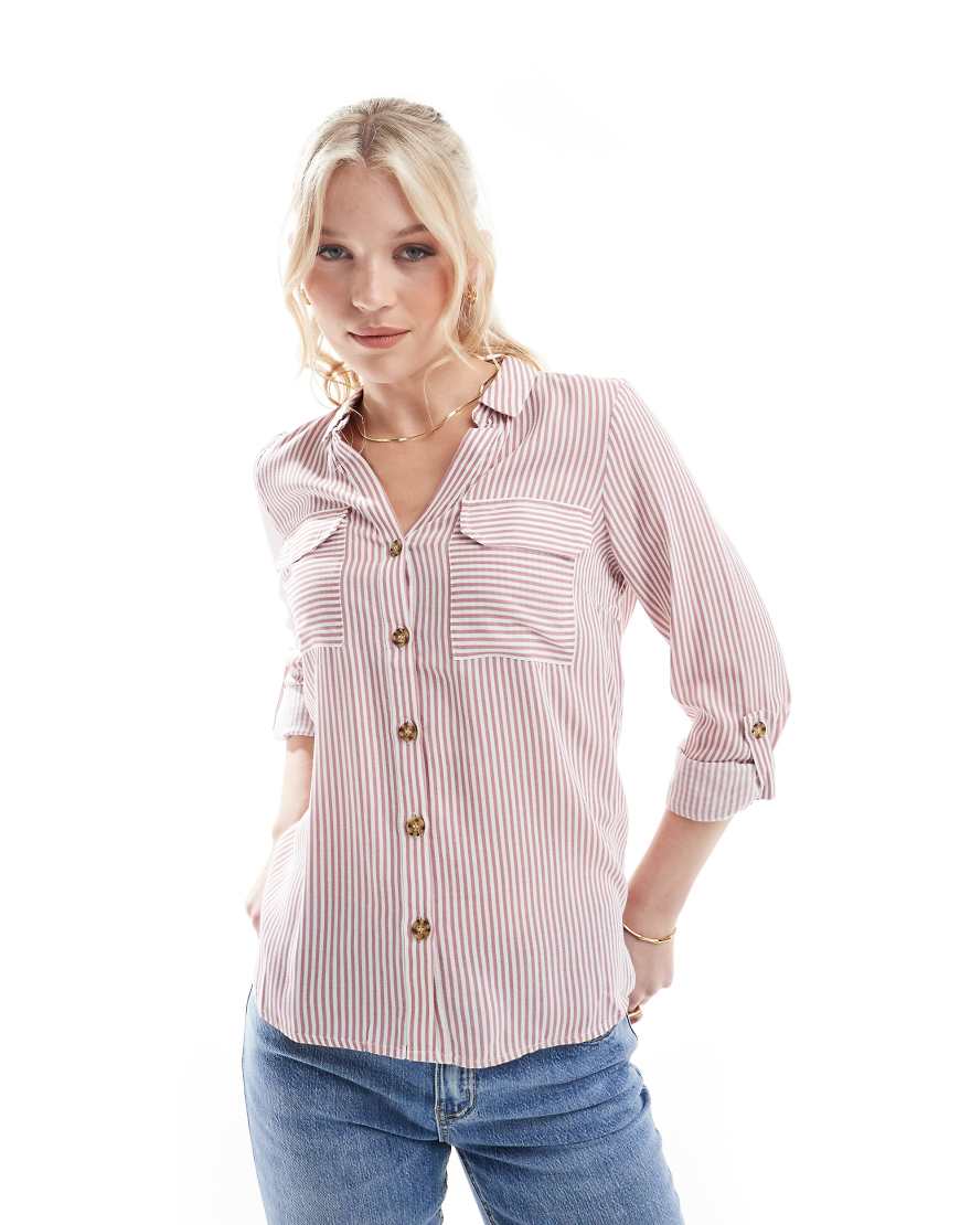 Vero Moda button down shirt with pocket detail in rose and white stripe-pink