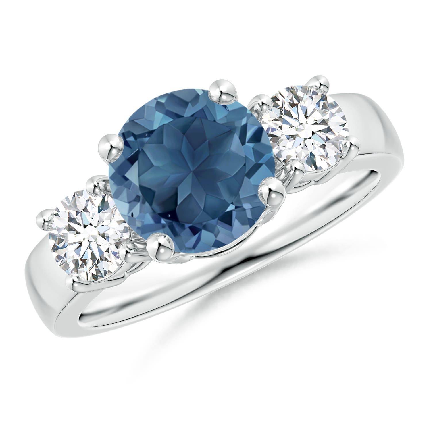 Angara 2.35 Carats Classic Round London Blue Topaz and Diamond Three Stone Engagement Ring in Silver
